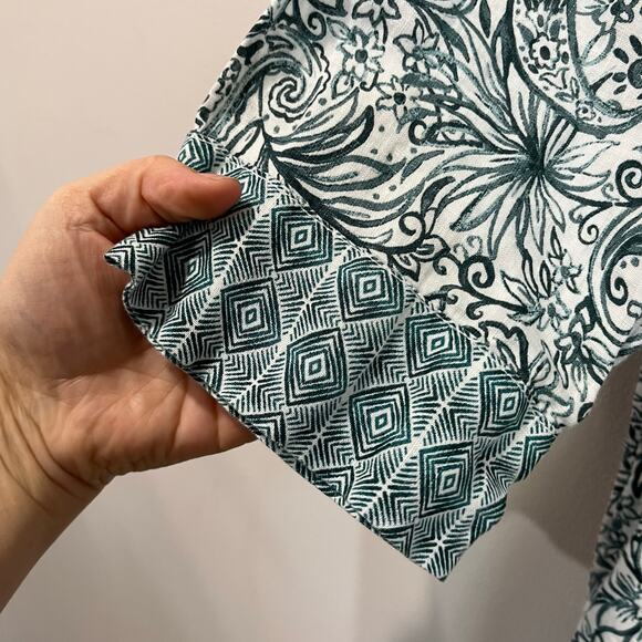 Sigrid Olsen Linen Blouse Size L Teal White Floral Boho Resort Vacation Chic - Picture 4 of 7